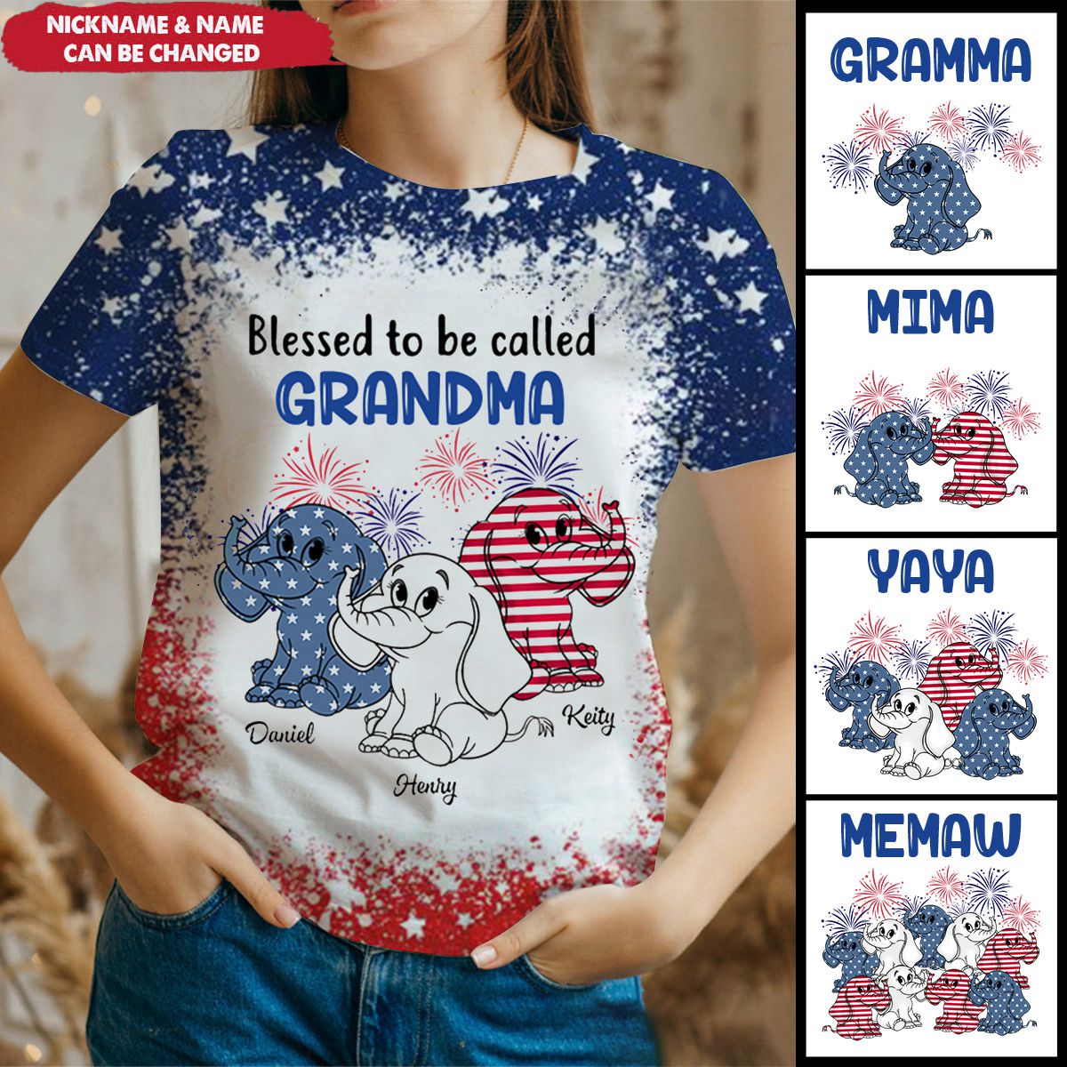 USA July 4th Grandma Mom Elephant Personalized Nickname Names Independence Day Gift 3D T-shirt