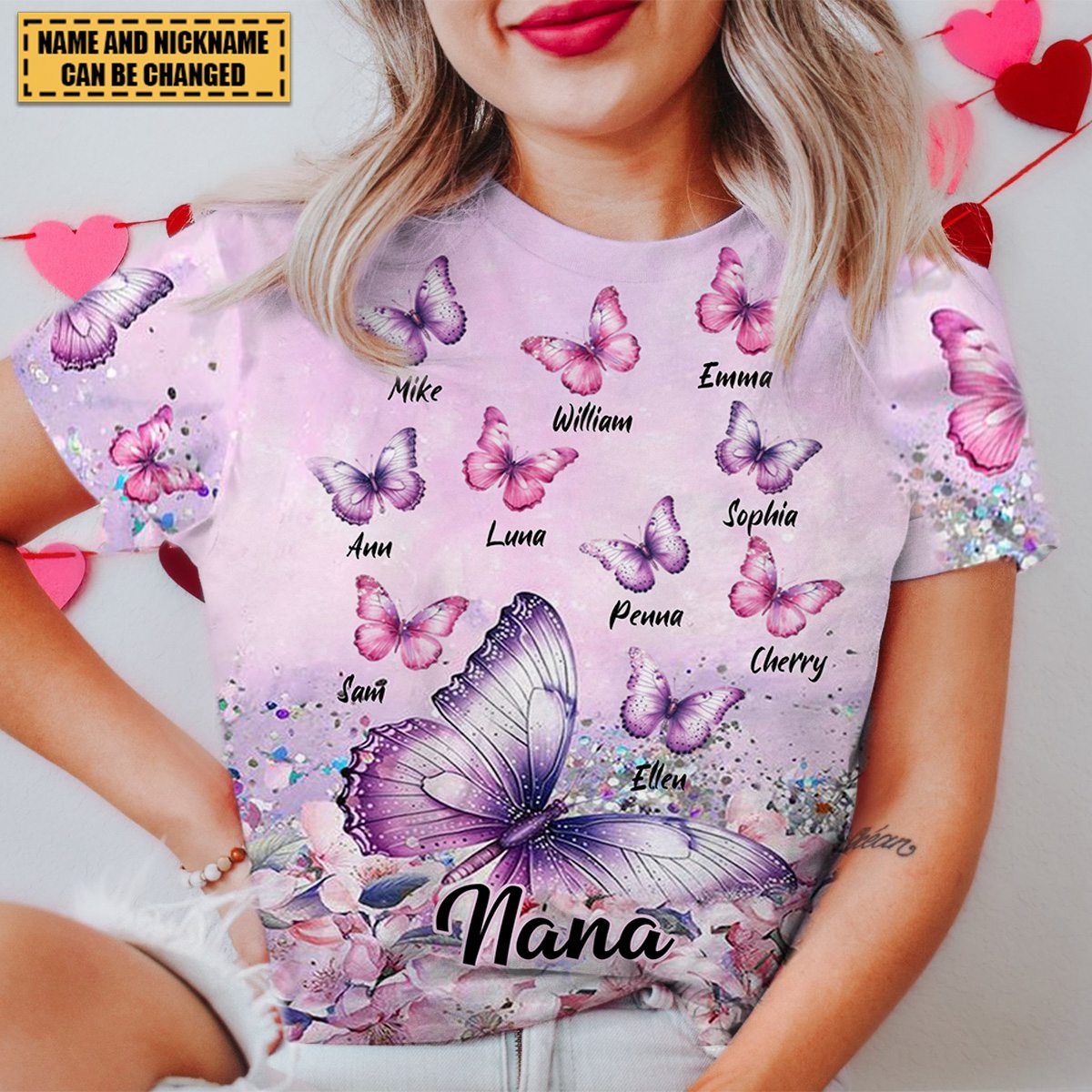 Glitter Flowery Butterfly Grandma Auntie Mom Kids Personalized 3D T-shirt