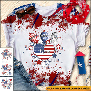 4th July American Flag Sweet Heart Nana Auntie Mom Little Kids Personalized 3D T-shirt