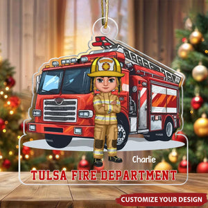 Firefighter Squad In Front Of Fire Truck Personalized Acrylic Ornament