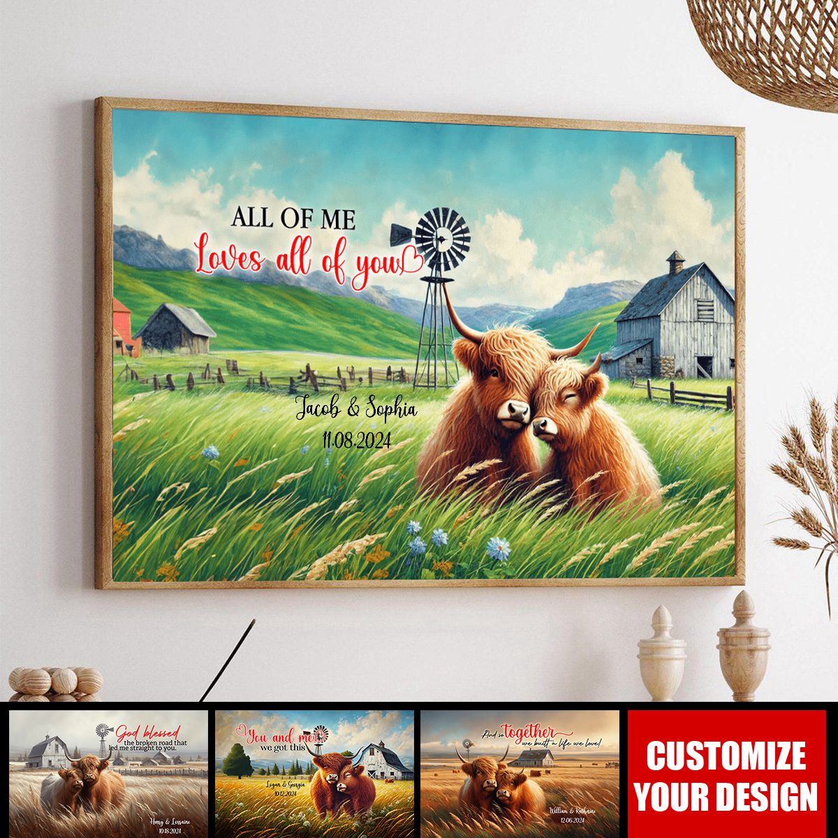 Highland Cow Couple - Personalized Horizontal Poster, Gift For Couple