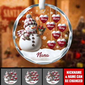 Snowman Grandma Mom Hanging Sweet Heart Kids - Family Personalized Custom Circle Glass Ornament