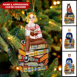 Personalized Gifts For Book Lovers Christmas Ornament Girl Sitting On Stack Of Books Reading