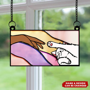 Cat Reaching For Hand - Personalized Window Hanging Suncatcher Ornament