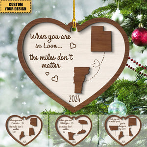 Miles Apart Long Distance Family Friendship State Map Personalized 2-Layer Wooden Ornament, Togetherness Keepsake