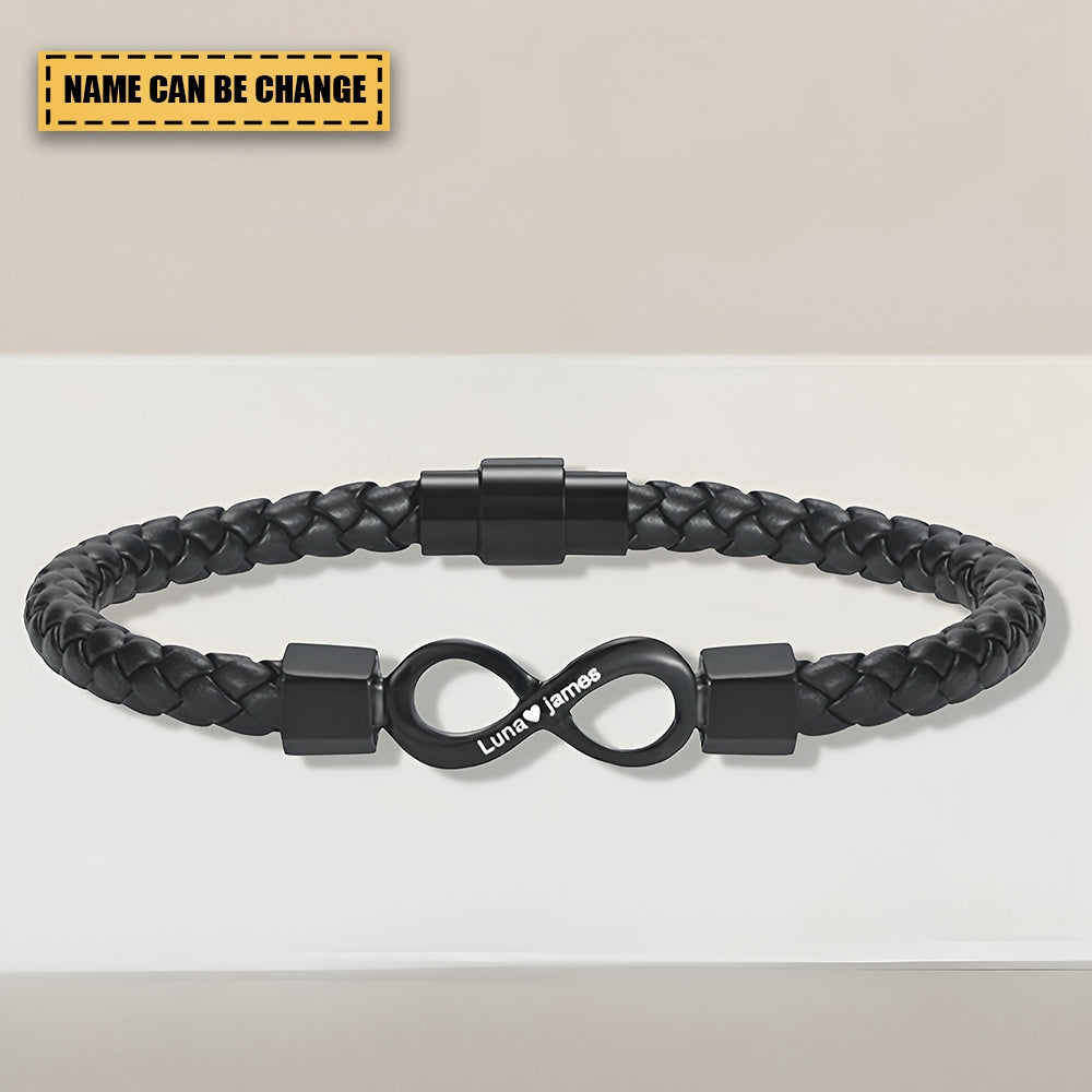 To My Man, Personalized Dual Name Infinity Leather Bracelet