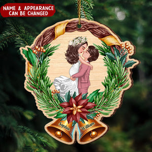 Christmas Wreath Couple Hugging Personalized Wooden Ornament