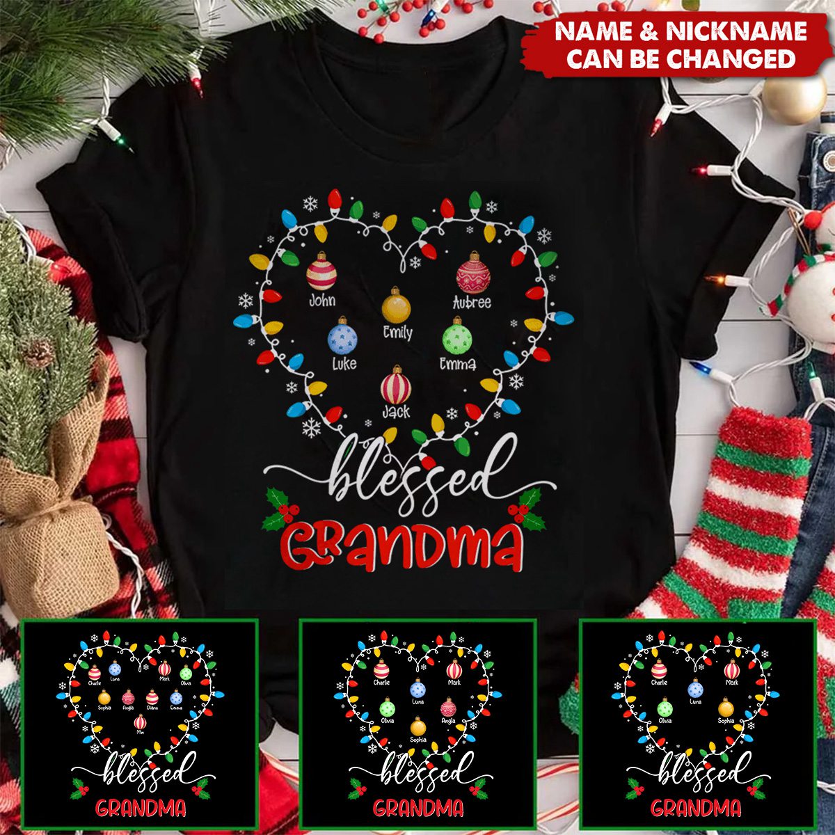 Blessed Grandma Christmas Lights - Personalized Custom T Shirt - Christmas, Loving, Funny Gift for Grandma