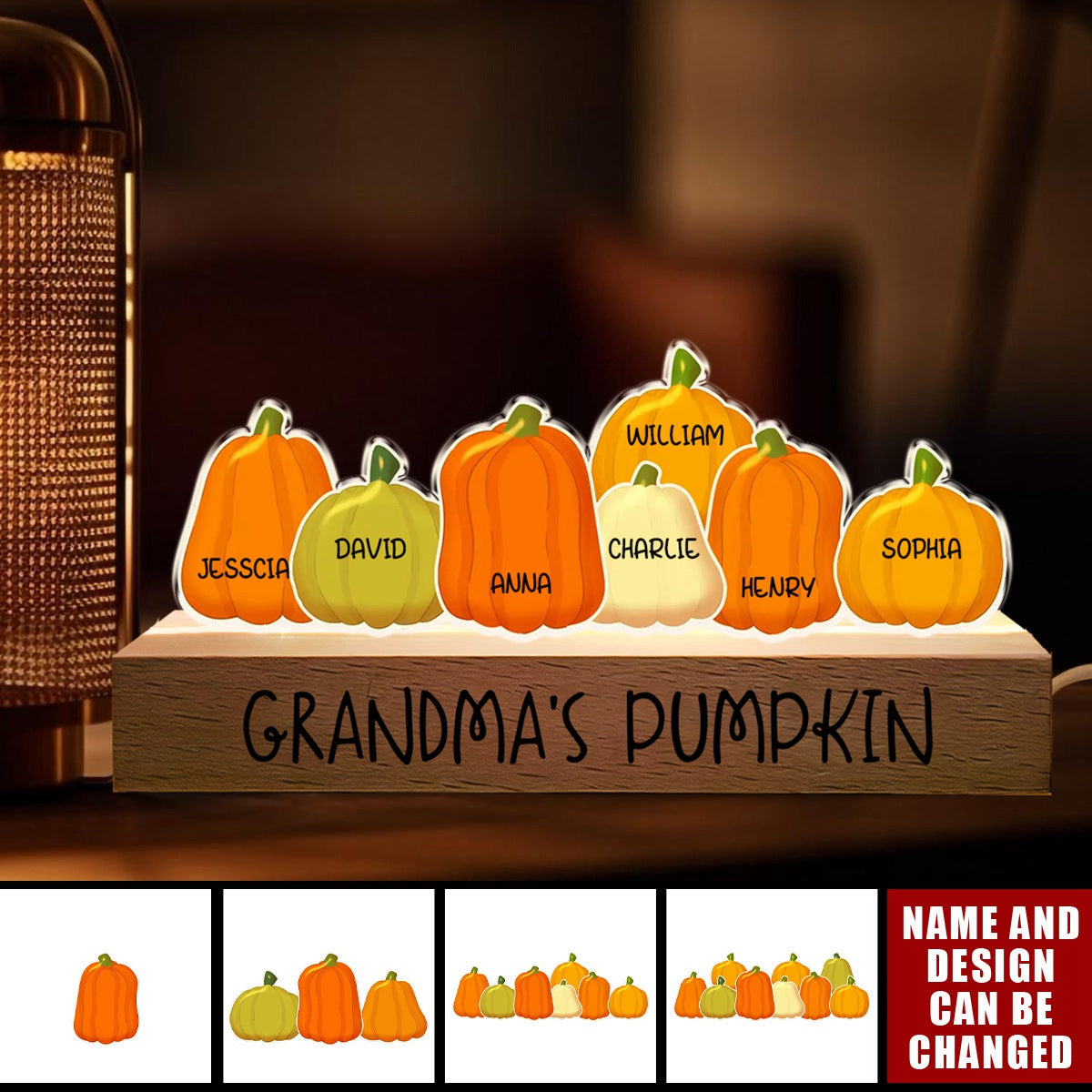 Grandma Pumpkins Personalized Acrylic Block LED Light, Fall Season Decor