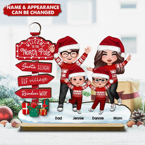 Happy Family With Christmas North Pole Sign Personalized 2-Layer Standing Wooden Plaque, Christmas Decoration