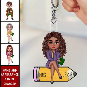 Teacher Sitting On Pencil Personalized Acrylic Keychain