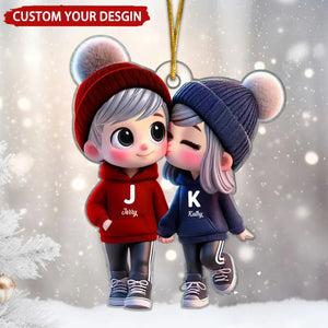 Cute Cartoon Couple Walking Personalized Christmas Ornament