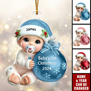 Baby Beside Christmas Bauble 3D Effect Baby's First Christmas Personalized Acrylic Flat Ornament