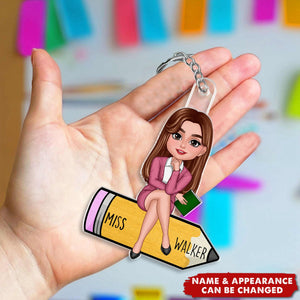 Teacher Sitting On Pencil Personalized Acrylic Keychain