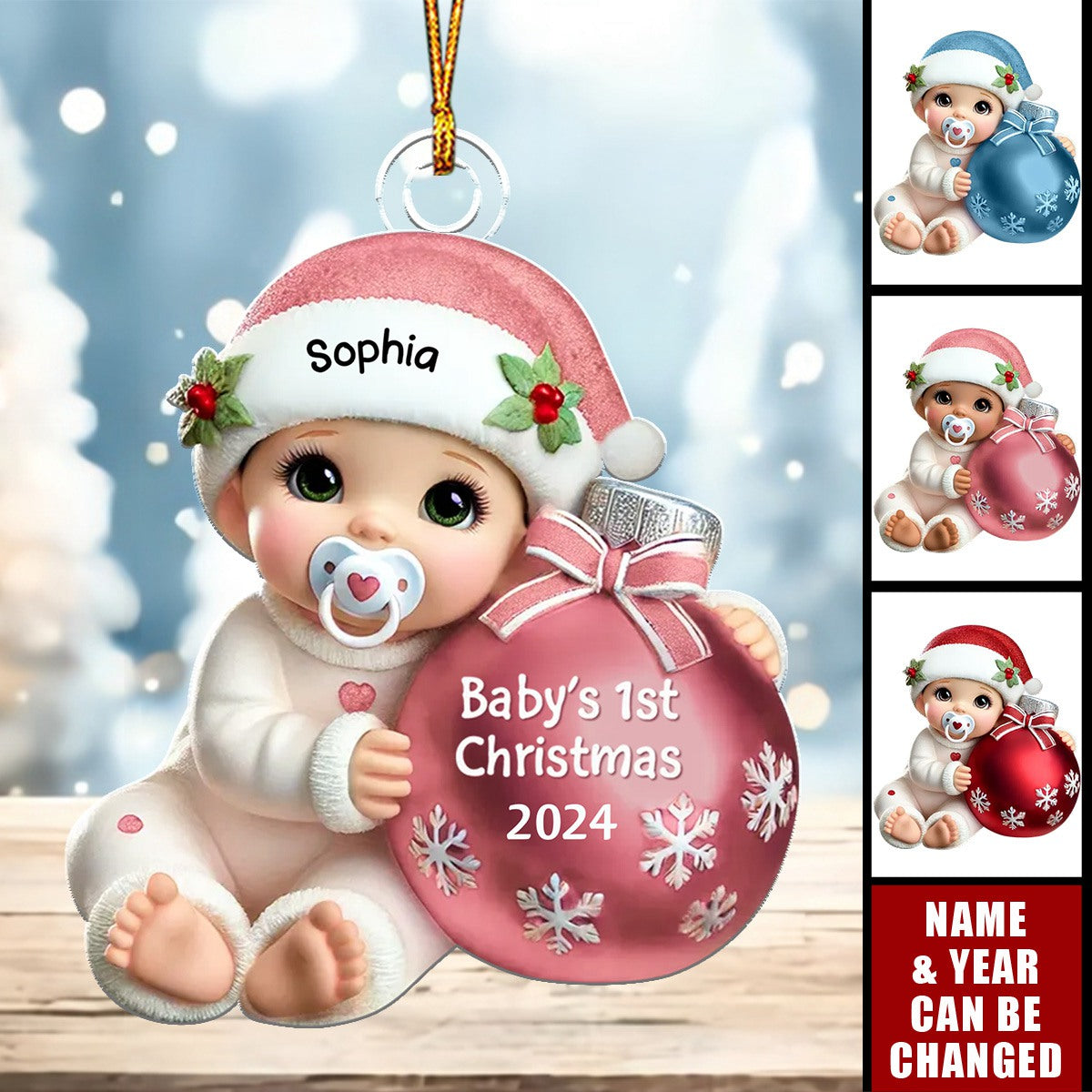 Baby Beside Christmas Bauble 3D Effect Baby's First Christmas Personalized Acrylic Flat Ornament