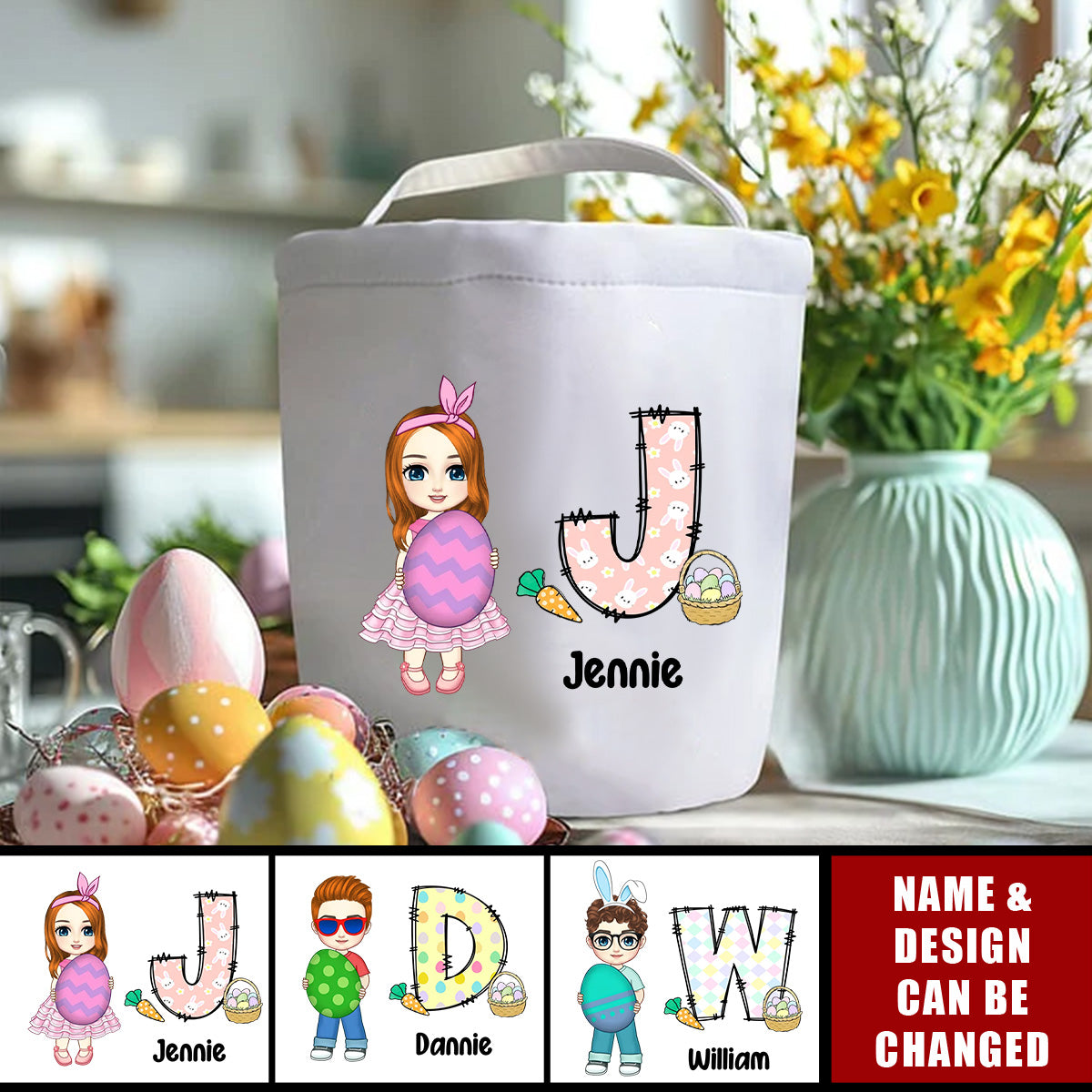 Personalized Cute Holding Easter Egg Cartoon Boy Girl Initial Canvas Bucket Bag