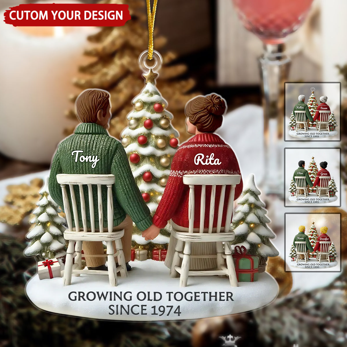 3D Effect Old Couple Growing Old Together Personalized Christmas Ornament