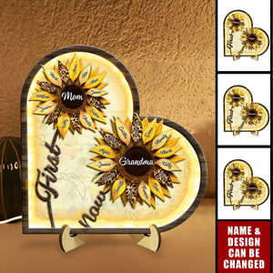 Sunflowers First Mom Now Grandma Personalized Heart Wooden Frame With LED