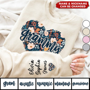 Floral Pattern Heart Grandma, Mom Enter Kid Names On Sleeve Personalized Sweatshirt