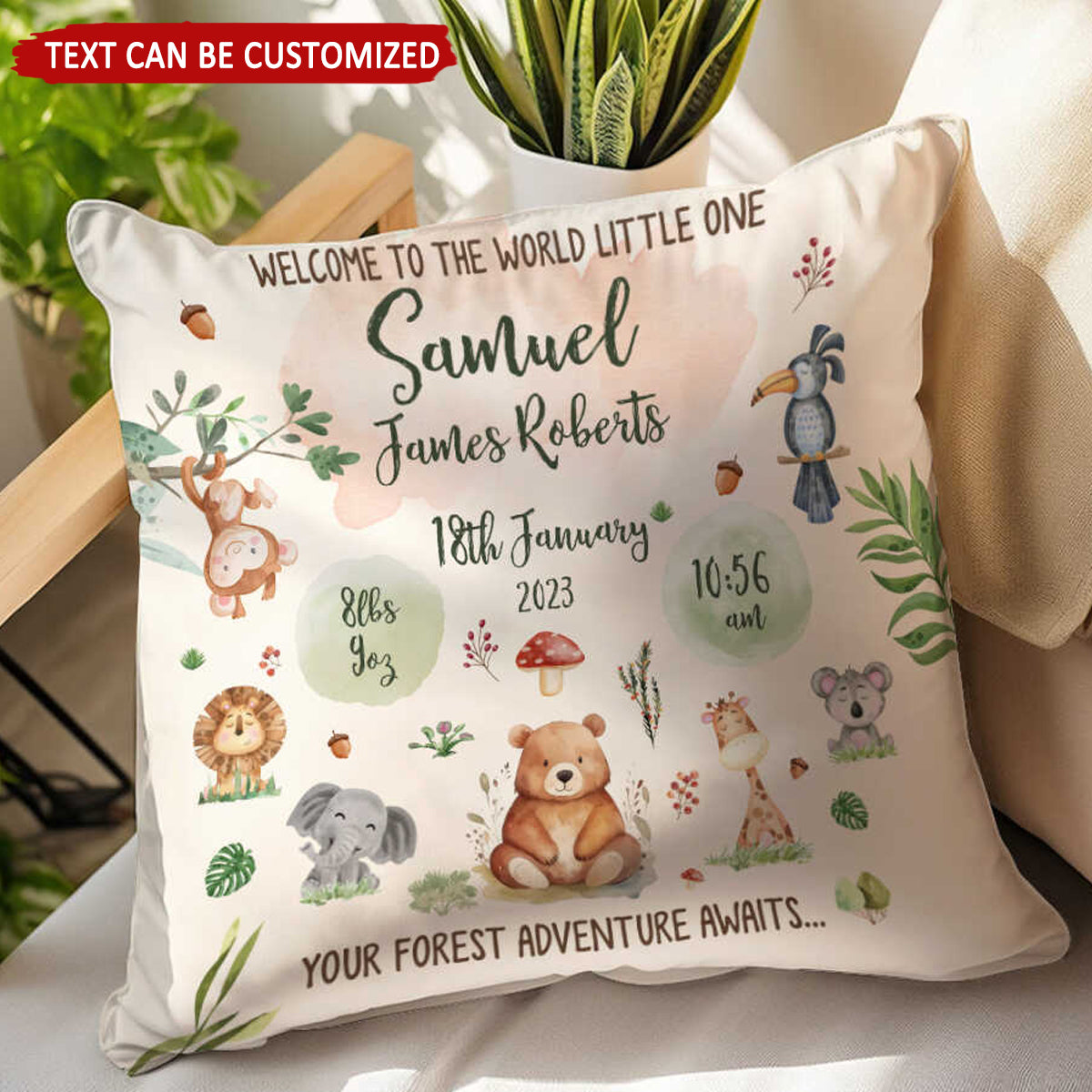 Birth Christening Forest Animals Personalised Pillow, Newborn Baby Gift