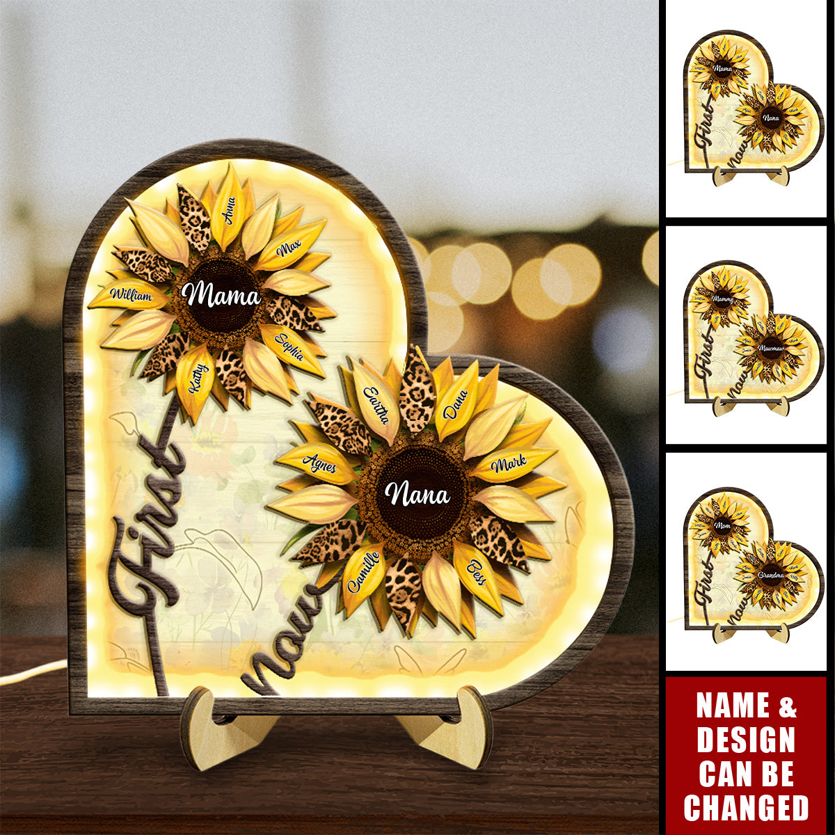 Sunflowers First Mom Now Grandma Personalized Heart Wooden Frame With LED