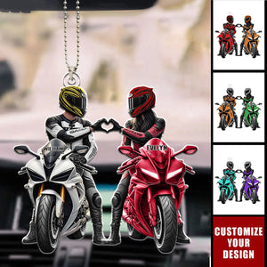 Motorbike Couple - Personalized Acrylic Car Ornament, Gift For Couple