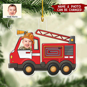 Kid Riding Fire Truck - Personalized Photo Ornament