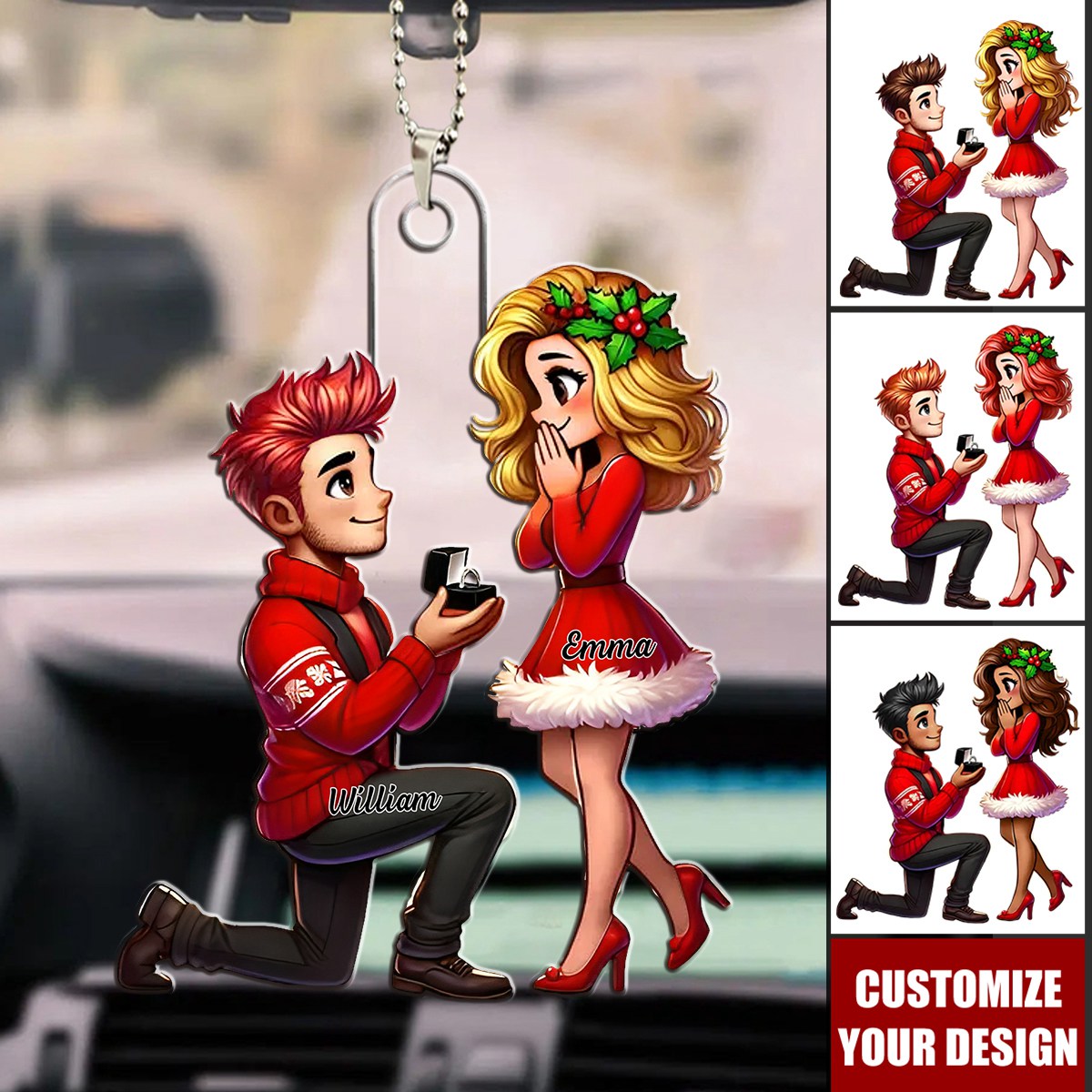 Cartoon Couple Marriage Proposal  - Personalized Acrylic Car Ornament