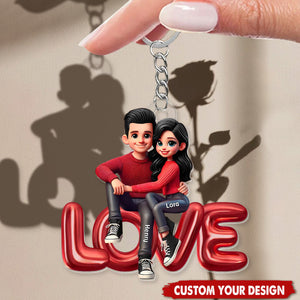 3D Effect Couple Sitting On LOVE Personalized Acrylic Keychain