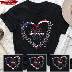 4th of July Heart Buterfly Grandma Mom With Kids Names Personalized T-shirt