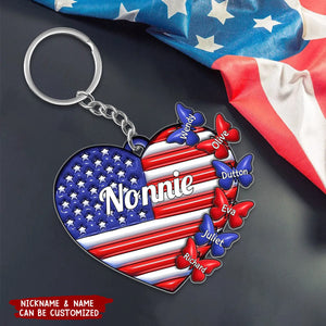 4th of July American Flag Heart Grandma Mom Little Butterfly Kids Personalized Keychain