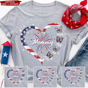 4th of July Heart Buterfly Grandma Mom With Kids Names Personalized T-shirt