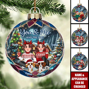 Animated Couple And Dogs Cats Beautiful Christmas Personalized Acrylic Ornament, Christmas Gift For Family