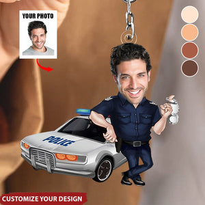 Personalized Policeman Caricature Keychain, Boyfriend Gift, Cartoon Portrait, Cop Bobblehead