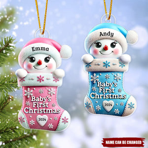 Baby First Christmas Snowman On Stocking 1st Christmas Keepsake Personalized Acrylic Ornament