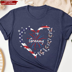 4th of July Heart Buterfly Grandma Mom With Kids Names Personalized T-shirt