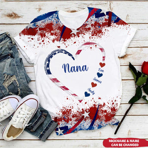 Heart With Kid Name Grandma 4th of July Personalized 3D T-Shirt