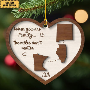 Miles Apart Long Distance Family Friendship State Map Personalized 2-Layer Wooden Ornament, Togetherness Keepsake