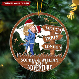 Adventure Kissing Couple Personalized 2-Layer Acrylic Ornament, Christmas Gift For Couple Travelers