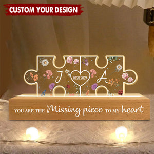 Couple Initials Puzzle Pieces Floral Personalized Acrylic Block LED Night Light