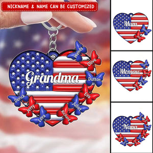 4th of July American Flag Heart Grandma Mom Little Butterfly Kids Personalized Keychain