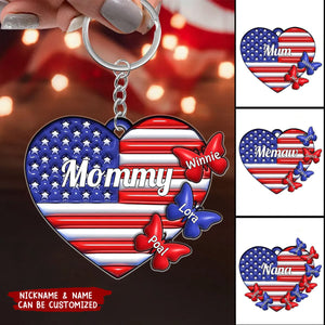 4th of July American Flag Heart Grandma Mom Little Butterfly Kids Personalized Keychain