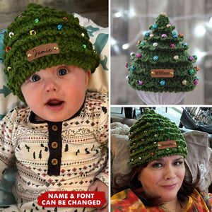 Custom Name Leather Patch Christmas Tree Personalized Crochet Hat