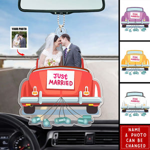 Custom Photo Just Married Couple Honeymoon Wedding Gift - Personalized Acrylic Car Ornament