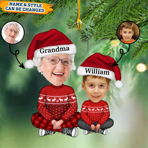 Cute Grandma Granddaughter Grandson Crossed Leg Custom Face Photo Personalized Ornament