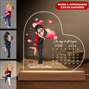 Doll Couple Hugging Kissing Calendar Anniversary Date Personalized Heart Shaped Acrylic  Plaque With LED Night Light - Anniversary Gift For Couple - Gift For Him, Gift For Her