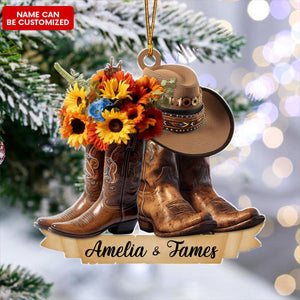 Custom Name Cowboy Couple Flower - Personalized Acrylic Christmas Ornament