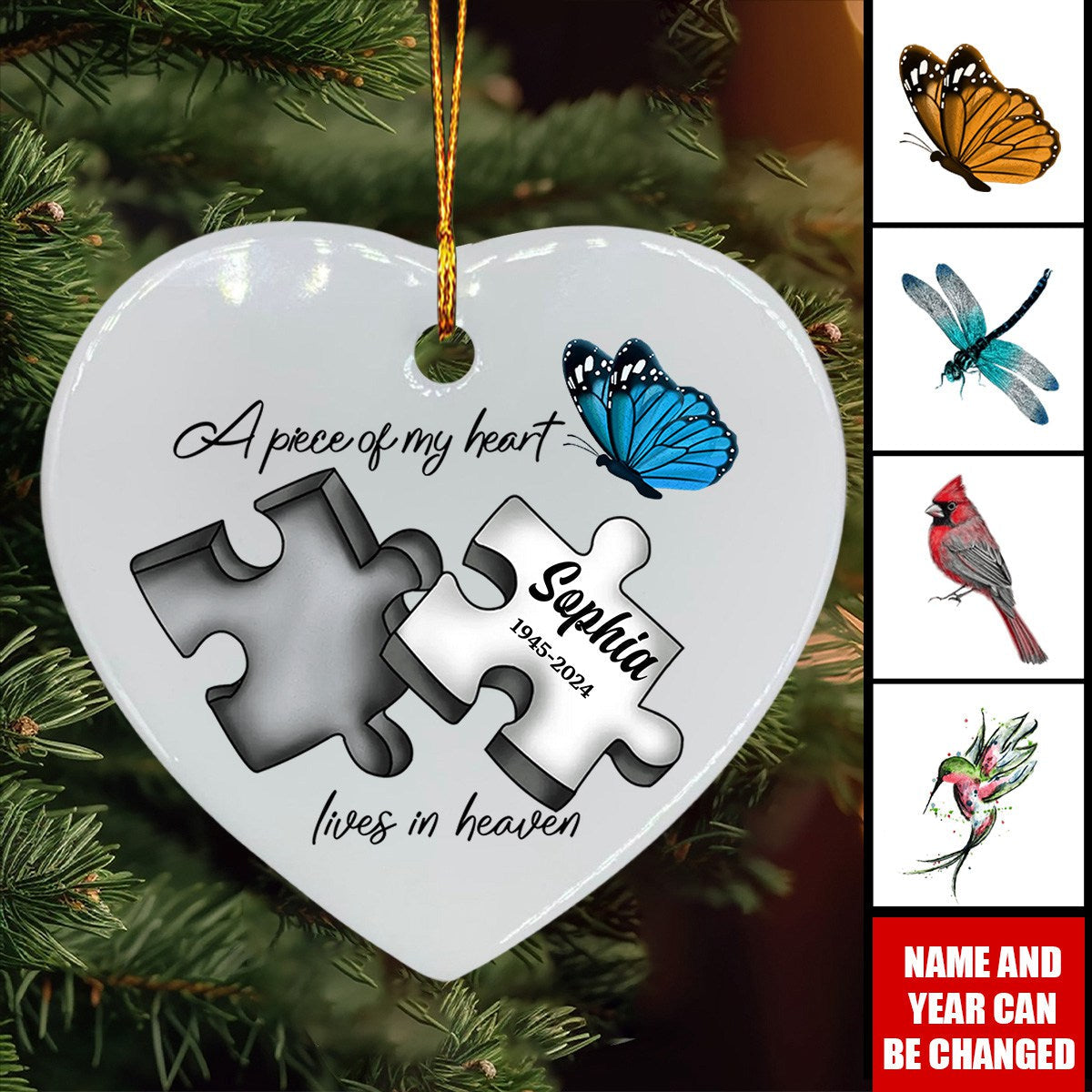 A Piece Of My Heart Lives In Heaven - Personalized Memorial Ceramic Heart Ornament