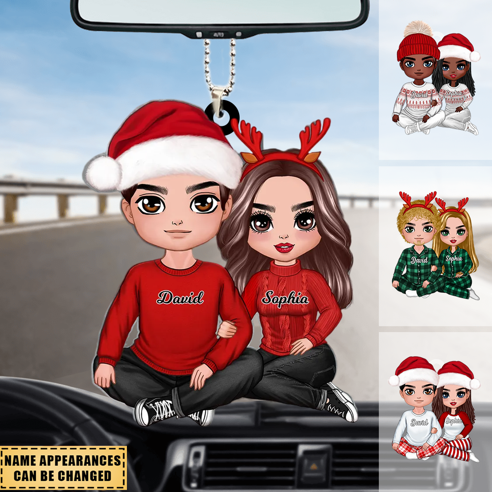 Christmas Doll Couple Sitting Hugging Personalized Car Ornament