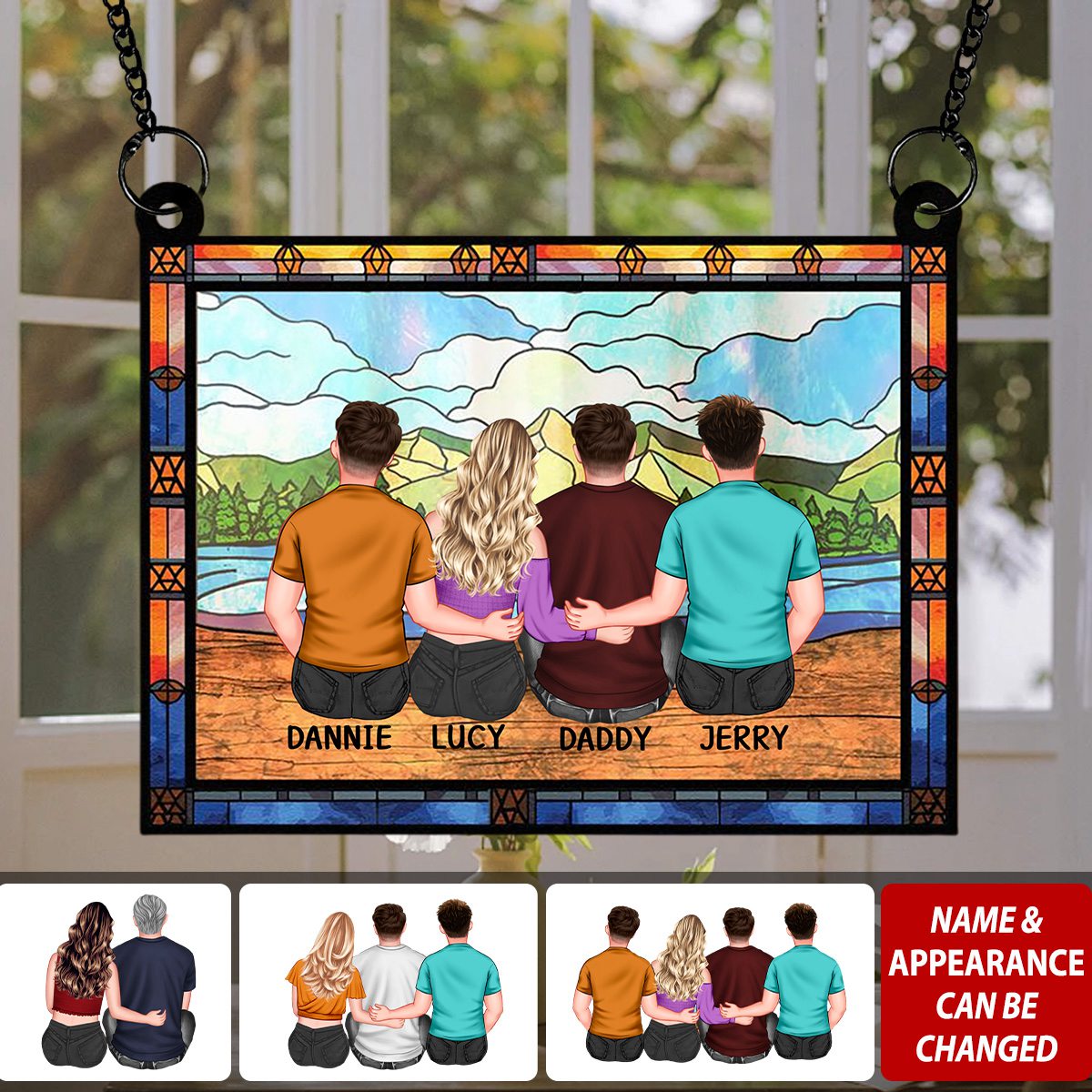 Dad & Children Sitting On The Beach - Personalized Window Hanging Suncatcher Ornament